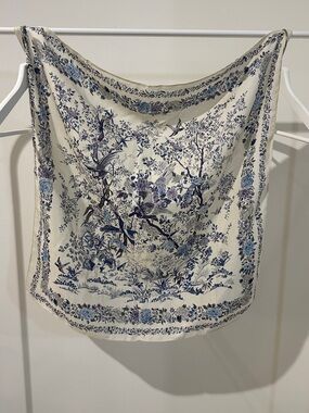 White Blue Floral Velvet Square Scarf Women Spring Summer Accessory